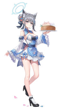 1girl alternate_costume alternate_hairstyle animal_ear_fluff animal_ears bamboo_steamer bare_shoulders blue_archive blue_dress blue_eyes blush breasts cano852 commentary_request cross_hair_ornament detached_sleeves dress dumpling extra_ears food full_body grey_hair hair_bun hair_ornament halo high_heels highres long_sleeves looking_at_viewer shiroko_(blue_archive) short_hair simple_background single_hair_bun sleeveless solo standing steamed_bun white_background wide_sleeves wolf_ears