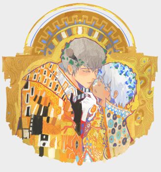Rule 34 | 2boys, absurdres, arm up, blue flower, cape, coat, colored eyelashes, commentary, cropped torso, dark-skinned male, dark skin, double-parted bangs, english commentary, eyelashes, flower, gloves, grey hair, gustav klimt (style), gwedo metaphor, hair flower, hair ornament, highres, horns, imminent kiss, male focus, metaphor: refantazio, multiple boys, patterned clothing, popped collar, protagonist (metaphor: refantazio), short hair, spoilers, strohl (metaphor: refantazio), the kiss, white background, white gloves, white hair, yaoi, yellow coat