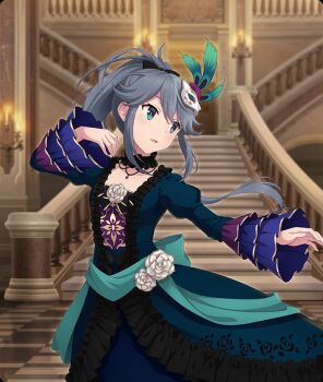 Rule 34 | 1girl, black bow, black choker, black hair, blue dress, blue eyes, bow, breasts, candelabra, candlestand, choker, cowboy shot, dot nose, dress, eye mask, feathers, flower, formal clothes, frilled choker, frilled dress, frills, game cg, gem, green feathers, green sash, hair bow, hand up, indoors, jewelry, layered sleeves, long hair, long sleeves, looking to the side, mask, mask on head, masquerade mask, necklace, official art, open mouth, outstretched arm, peacock feathers, pink pupils, purple gemstone, railing, rose, sash, sidelocks, small breasts, solo, stairs, third-party source, tile floor, tiles, toji no miko, toji no miko: kizamishi issen no tomoshibi, white flower, white mask, white rose, yamashiro yui