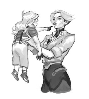 2girls absurdres aina_(mayexplode) camille_(league_of_legends) carrying carrying_person child closed_eyes facing_another greyscale highres league_of_legends long_hair monochrome multiple_girls pants pointing pointing_at_another seraphine_(league_of_legends) shirt short_hair short_sleeves simple_background striped_clothes striped_shirt suspenders white_background