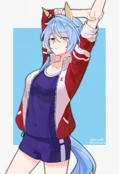 Rule 34 | 1girl, animal ears, blue eyes, blue hair, blue one-piece swimsuit, blush, breasts, closed mouth, collarbone, commentary request, competition school swimsuit, ear covers, hair between eyes, highres, horse ears, horse girl, horse tail, jacket, k.s.miracle (umamusume), looking at viewer, one-piece swimsuit, open clothes, open jacket, red jacket, saramiao-chan, school swimsuit, short hair, single vertical stripe, smile, solo, stretching, swimsuit, tail, tracen swimsuit, tracen training uniform, track jacket, umamusume