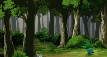 bush commentary_request forest gen_1_pokemon grass mk_(mikka) nature nintendo no_humans oddish outdoors pokemon pokemon_(creature) red_eyes rock scenery smile tree walking