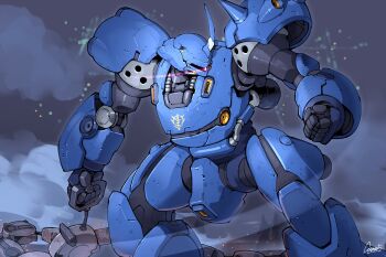 Rule 34 | absurdres, chain mine, clenched hand, commentary, cosmo-5, eye trail, feet out of frame, glowing, glowing eye, gundam, gundam 0080, highres, holding, horns, kampfer (mobile suit), light trail, mecha, mecha focus, mobile suit, no humans, one-eyed, one-eyed mecha, purple eyes, robot, science fiction, shoulder spikes, signature, single horn, solo, sparks, spikes, standing, thrusters, zeon
