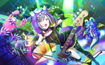 Rule 34 | 1girl, :o, bass guitar, belt, black belt, black gloves, black nails, colorful palette, dress, fender jazz bass, fingerless gloves, fingernails, flute, game cg, gloves, green eyes, grey hair, hibiku twilight parade (project sekai), highres, hinomori shiho, instrument, leg up, nail polish, official alternate costume, official art, project sekai, purple dress, purple hood, purple shoes, shoes, single fishnet legwear, solo, sparkle, tambourine, third-party source, trumpet