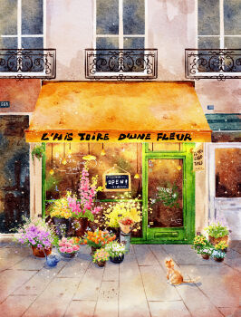 Rule 34 | absurdres, awning, building, cat, commentary request, day, flower, flower shop, highres, muyi (rmkr5237), no humans, open sign, orange cat, orange flower, original, outdoors, pink flower, plant, potted plant, purple flower, scenery, shop, yellow flower