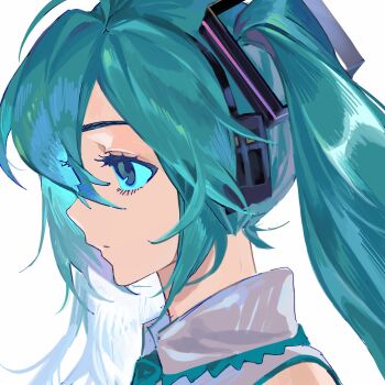 1girl aqua_eyes aqua_hair aqua_necktie bare_shoulders commentary from_side guruhk_kk hatsune_miku headset highres long_hair looking_to_the_side necktie profile shirt simple_background sleeveless sleeveless_shirt solo twintails upper_body vocaloid white_background white_shirt