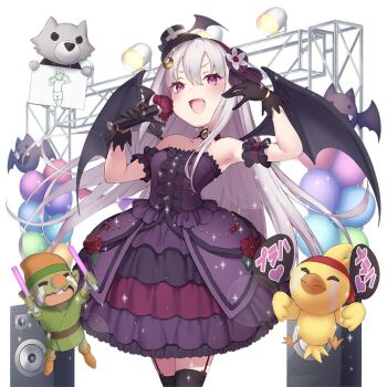 1girl animal bat_(animal) bat_wings black_garter_straps black_gloves black_thighhighs dress garter_straps gloves hat holding holding_microphone long_hair microphone mini_hat off-shoulder_dress off_shoulder piyokichi_(uchihime) pokachu praha_bathory purple_dress purple_eyes stage thighhighs uchi_no_hime-sama_ga_ichiban_kawaii very_long_hair white_hair wings