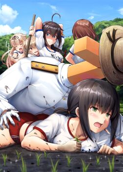 1boy 5girls admiral_(kancolle) ahoge alternate_costume ass black_hair black_ribbon blonde_hair blue_eyes blue_sky blush boy_on_top braid breasts brown_eyes brown_hair buruma closed_mouth cloud collarbone day dirty dirty_clothes dirty_face epaulettes false_smile fubuki_(kancolle) gloves grabbing_another&#039;s_ass grabbing_another&#039;s_breast gradient_hair green_eyes groping gym_shorts gym_uniform hair_between_eyes hair_flaps hair_ornament hair_over_shoulder hair_ribbon hairclip hand_on_another&#039;s_ass hat hetero highres holding ichikawa_feesu kantai_collection light_brown_hair long_hair looking_at_viewer lying medium_breasts military military_hat military_uniform mud multicolored_hair multiple_girls murasame_(kancolle) name_tag naval_uniform on_stomach open_mouth outdoors plant ponytail power_lines ribbon rice_paddy rice_planting school_uniform shaded_face shigure_(kancolle) shiratsuyu_(kancolle) shirt short_hair short_sleeves shorts single_braid sky smile standing t-head_admiral tearing_up tears tree twintails two_side_up water wet white_gloves yuudachi_(kancolle)
