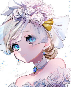 1girl blonde_hair blue_eyes blue_gemstone chigiri_kurenai choker earrings eyelashes flower gem hair_bun hair_flower hair_ornament highres identity_v jewelry lace lace_choker light_smile looking_at_viewer mole mole_under_eye official_alternate_costume pearl_earrings pendant_choker portrait rose see-through_clothes see-through_veil solo twitter_username veil vera_nair vera_nair_(tonight_or_never) white_choker white_flower white_rose white_veil