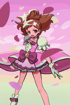 1girl absurdres ankle_boots aqua_eyes arm_at_side bare_legs boots bow brooch brown_hair buttons choker clover_hair_ornament coattails collarbone colored_shoe_soles commentary cosplay cure_flora cure_flora_(cosplay) d: dress floating_hair flower flower_brooch flower_choker foot_out_of_frame frilled_sleeves frills gloves glowing glowing_flower go!_princess_precure hair_bun hair_floating_upwards hair_flower hair_ornament haruno_haruka henshin high-low_dress high_heel_boots high_heels highres hiuhhhhhh jewelry legs_apart looking_at_viewer magical_girl medium_dress open_mouth parted_bangs petals petticoat pink_background pink_bow pink_dress pink_petals precure puffy_short_sleeves puffy_sleeves self_cosplay serious short_hair short_sleeves single_hair_bun solo standing teeth transformation two-tone_background upper_teeth_only waist_bow waist_brooch white_boots white_gloves yellow_background