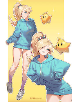 1girl alternate_costume artist_name blonde_hair blue_eyes blue_hoodie commentary crown earrings english_commentary full_body hair_over_one_eye hands_on_own_hips highres hood hoodie inhoso instagram_logo jewelry leaning_forward long_hair long_sleeves looking_at_viewer luma_(mario) mario_(series) mini_crown nintendo open_mouth patreon_logo ponytail rosalina shoes simple_background sleeves_past_wrists sneakers socks sparkle standing star_(symbol) star_earrings super_mario_galaxy sweatdrop twitter_logo white_shoes