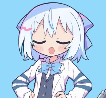 1girl :d blue_background blue_bow blue_bowtie blue_ribbon blue_vest blush_stickers borrowed_character bow bowtie closed_eyes commentary_request commission hair_ribbon hands_on_own_hips lab_coat long_sleeves open_mouth original ribbon richard_(richaball) short_hair simple_background skeb_commission smile solo upper_body vest white_hair