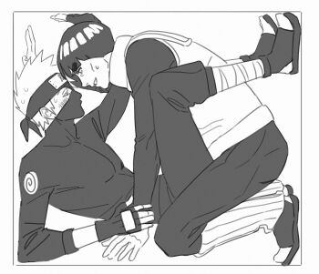2boys bandaged_leg bandages black_gloves black_headband black_pants black_shirt black_shoes blunt_bangs blush border bowl_cut fingerless_gloves flak_jacket full_body gloves greyscale hatake_kakashi headband headband_over_one_eye highres holding_another's_wrist jacket leg_warmers m0_mo_momo male_focus mask might_guy monochrome mouth_mask multiple_boys naruto_(series) naruto_shippuuden open-toe_shoes pants parted_lips shirt shoes stuck_in_a_box sweatdrop thick_eyebrows white_border yaoi