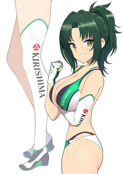 1girl breasts cleavage dolphin_wave gloves green_eyes green_hair harunami_anri head_tilt highres multiple_views navel ponytail poruporu simple_background swimsuit thighs