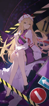 1girl absurdres black_shoes blonde_hair breasts caution_tape closed_mouth commentary_request crossed_legs dress folding_fan hair_between_eyes hand_fan hat high_heels highres holding holding_fan juliet_sleeves large_breasts long_hair long_hair_between_eyes long_sleeves looking_at_viewer mob_cap puffy_sleeves purple_tabard red_ribbon ribbon road_sign shoes sign sitting solo sukaliya tabard thighs touhou white_dress yakumo_yukari yellow_eyes