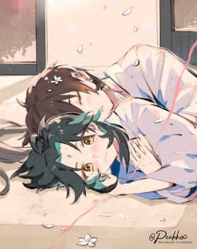 2boys blush brown_hair closed_eyes closed_mouth commentary_request facial_mark flower forehead_mark genshin_impact grey_hair hug hug_from_behind male_focus multiple_boys pechka sleeping tatami twitter_username white_flower xiao_(genshin_impact) yaoi zhongli_(genshin_impact)