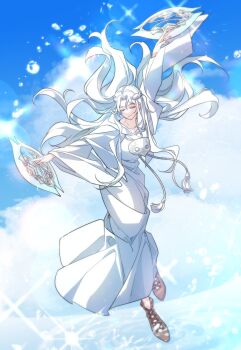 1girl blue_sky braid brown_shoes closed_eyes cloud dancer_(final_fantasy) drawstring dreaminglum facing_viewer final_fantasy final_fantasy_xiv floating_hair flower full_body half_up_braid highres holding long_hair long_sleeves mask mask_around_neck outstretched_arms robe rose shoes sky smile solo sophist&#039;s_robe_(ff14) tassel unworn_mask venat_(ff14) water_drop white_flower white_hair white_robe white_rose wide_sleeves