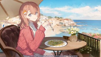 1girl blue_sky braid brown_hair cardigan chair closed_mouth cloud cloudy_sky collared_shirt commentary copyright_notice day english_commentary flower food fork from_side grey_eyes grey_skirt guest_art hair_behind_ear hair_between_eyes hair_flower hair_ornament hanasato_minori hand_up highres holding holding_fork kuroduki long_sleeves looking_at_viewer medium_hair ocean official_art open_cardigan open_clothes outdoors pink_cardigan project_sekai sand sardine second-party_source shirt side_braid single_sidelock sitting skirt sky smile solo spain table turning_head umbrella water white_flower white_shirt