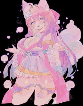 1girl animal_ear_fluff animal_ears antenna_hair black_background breasts cat_ears cat_girl commentary commission cowboy_shot curvy double-parted_bangs english_commentary gradient_hair hair_between_eyes hair_intakes hands_up highres japanese_clothes kimono large_breasts long_hair looking_at_viewer multicolored_hair open_mouth original pink_hair pink_kimono purple_eyes purple_hair purple_kimono short_kimono smile solo thick_thighs thighs two-tone_kimono usa37107692