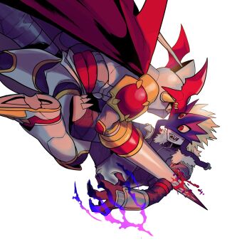 Rule 34 | 2boys, armor, battle, beelzebumon, black jacket, black pants, blonde hair, blood, blue skin, cape, colored skin, commentary request, demon boy, digimon, digimon (creature), dukemon, eye mask, helmet, highres, holding, holding polearm, holding weapon, jacket, korean commentary, lance, male focus, mask, multiple boys, pants, polearm, red cape, red eyes, rode3434, short hair, simple background, third eye, weapon, white armor, white background, white helmet