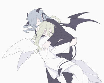 Rule 34 | 2girls, angel wings, bang dream!, bang dream! it's mygo!!!!!, black pants, black ribbon, black shirt, blue hair, braid, chinese commentary, closed eyes, clothes grab, commentary request, covered mouth, crown braid, demon horns, demon tail, demon wings, facing another, feet out of frame, from side, grabbing another's shirt, green hair, hair ribbon, hair spread out, hand on another's head, hand up, head on chest, highres, horns, hug, invisible floor, long hair, long sleeves, multiple girls, pants, profile, ribbon, robe, shirt, simple background, tail, togawa sakiko, wakaba mutsumi, white background, white pants, white robe, wide sleeves, wings, yu gu mao