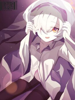 1girl black_pantyhose blue_archive brown_eyes drying drying_hair drying_own_hair grey_hair hair_over_one_eye halo highres kanoe_(blue_archive) long_sleeves looking_at_viewer momokaz navel open_mouth orange_halo pantyhose shirt sitting solo towel towel_on_head white_shirt