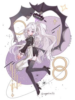 1girl alternate_costume apron black_dress black_shoes black_thighhighs black_wings blue_archive closed_mouth commentary_request dress full_body garter_straps hair_ornament hairclip halo high_heels highres hina_(blue_archive) juliet_sleeves korean_commentary long_hair long_sleeves low_wings maid_headdress nagakiras2 ponytail puffy_sleeves purple_eyes shoes side_slit solo sparkle thighhighs twitter_username very_long_hair waist_apron white_apron white_hair wings