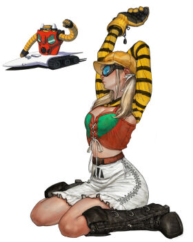 1girl arm_behind_head arms_up belt bilingual_commentary black_boots black_gloves blonde_hair boots breasts cleavage commentary crop_top cross-laced_clothes cross-laced_skirt cross-laced_top english_commentary from_side getter-3 getter_robo getter_robo_(classic) gloves goggles hair_over_shoulder hair_ribbon hat high_heel_boots high_heels humanization knee_boots korean_commentary large_breasts mecha midriff mixed-language_commentary newsboy_cap photoshop_(medium) platform_boots profile red_belt red_shirt reference_inset ribbon robot shirt shrug_(clothing) sitting skirt stretching striped_clothes super_robot tahra two-sided_gloves two-tone_gloves wariza white_ribbon white_skirt yellow_gloves yellow_hat yellow_shrug