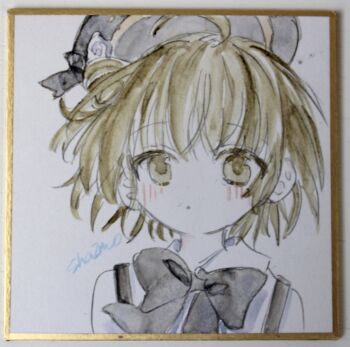 1girl :o absurdres ahoge beret black_bow black_hat blush bow brown_eyes brown_hair collared_shirt commentary_request flower hair_flower hair_ornament hat hatoba_tsugu highres parted_lips photo_(medium) sha2mo shikishi shirt signature solo suspenders traditional_media tsugu_(vtuber) virtual_youtuber white_flower white_shirt