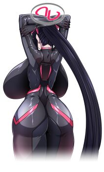 1girl alternate_breast_size_(larger) arms_behind_head arms_up ass back backboob black_bodysuit black_hair black_halo blue_archive blunt_bangs bodysuit breasts commentary cowboy_shot curvy from_behind gigantic_breasts hair_ornament halo highres huge_breasts impossible_bodysuit impossible_clothes korean_commentary latex latex_bodysuit lazy_ant long_hair multicolored_halo nape official_alternate_costume ponytail red_halo revision ringed_eyes rio_(armed)_(blue_archive) rio_(blue_archive) simple_background skin_tight solo thick_thighs thighs two-tone_halo very_long_hair white_background wide_hips