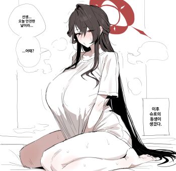 1girl :o alternate_breast_size_(larger) alternate_costume arm_between_legs black_hair blue_archive blush breasts collarbone commentary curvy halo highres huge_breasts kokuriko_(blue_archive) korean_text long_hair looking_at_viewer no_pants nose_blush red_eyes seiza shirt sitting soles solo speech_bubble steaming_body sweat symbol-only_commentary t-shirt toes veri12121212 very_long_hair white_shirt