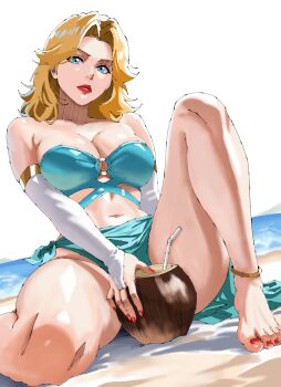 1girl bikini blonde_hair blue_eyes breasts fantastic_four gloves highres kubo_tite_(style) large_breasts long_hair looking_at_viewer lorna12155671 marvel marvel_rivals navel solo sue_storm swimsuit