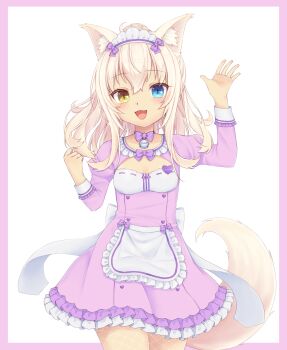 1girl :3 :d absurdres adapted_costume aged_down animal_ear_fluff animal_ears apron bell blonde_hair blue_eyes blush bow bowtie breasts buttons cat_ears cat_girl cat_tail character_name cleavage_cutout clenched_hand clothing_cutout coconut_(nekopara) commentary cowboy_shot dated_commentary double-breasted dress dress_bow english_commentary fishnet_pantyhose fishnets floating_hair frilled_dress frilled_sleeves frills hair_between_eyes hair_bow hands_up happy heart_button heterochromia highres jingle_bell long_hair long_sleeves looking_at_viewer maid maid_apron maid_headdress name_tag neck_bell nekopara nirunirin open_mouth outstretched_hand pantyhose purple_bow purple_bowtie purple_dress short_dress sidelocks simple_background slit_pupils small_breasts smile solo tail tail_raised tan waving white_background yellow_eyes