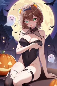 1girl absurdres animal_ears bamboo14455 bat_(animal) bear_ears bear_girl black_leotard black_thighhighs breasts building commentary covered_navel english_commentary full_moon ghost green_eyes highres indie_virtual_youtuber jack-o'-lantern jaki_(vtuber) leotard moon night o-ring o-ring_thigh_strap shadow short_hair single_thighhigh sitting solo star_(symbol) thigh_strap thighhighs tongue tongue_out torn_clothes torn_thighhighs virtual_youtuber