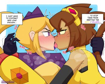 2girls absurdres animal_ears blonde_hair blue_background brown_hair cat_ears english_text french_kiss gameoverse highres kiss kit_bodega long_hair miss_information_(gameoverse) multiple_girls ponytail purple_eyes purple_lips red_eyes saliva short_hair surrealtone tongue yuri