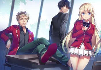 1girl 2boys advanced_nurturing_high_school_uniform black_bow black_bowtie black_eyes black_hair black_jacket black_pants black_shirt blazer blonde_hair blue_bow blue_eyes blue_hair bow bowtie character_name classroom closed_mouth collarbone collared_shirt crossed_legs dress_shirt floating_hair gradient_hair grey_hair hair_between_eyes hand_in_pocket hand_up housen_kazumi indoors jacket long_hair long_sleeves looking_at_viewer miniskirt multicolored_hair multiple_boys nanase_tsubasa novel_illustration official_art open_clothes open_jacket pants pleated_skirt red_jacket school_uniform shiba_katsunori shiny_skin shirt sitting skirt smile spiked_hair standing textless_version thigh_gap tomose_shunsaku very_long_hair white_shirt white_skirt wing_collar youkoso_jitsuryoku_shijou_shugi_no_kyoushitsu_e