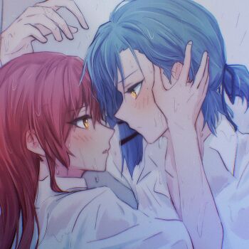 2girls bed blue_hair blush bocchi_the_rock! closed_mouth collared_shirt couple ear_blush grabbing_another&#039;s_head hair_ornament hands_on_another&#039;s_face highres implied_sex kita_ikuyo long_hair long_sleeves looking_at_another lying medium_hair multiple_girls on_bed on_side open_mouth orange_eyes ponytail red_hair see-through_clothes shirt short_hair sweat very_sweaty wet wet_clothes white_shirt yakaze_(yakaze1604) yamada_ryo yuri