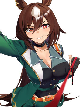 1girl animal_ears aqua_jacket belt black_choker black_gloves blush breasts bright_pupils brown_hair choker cleavage collared_shirt commentary contrast_lapels ear_ornament eros_no_kami fingerless_gloves fleur-de-lis gloves gold_buttons half-jacket highres horse_ears horse_girl horse_tail jacket kabedon_on_viewer lapels large_breasts leash leash_pull long_hair midriff_peek multicolored_hair orange_belt pendant_choker pov red_eyes red_leash shirt simple_background sirius_symboli_(feroce)_(umamusume) sirius_symboli_(umamusume) smirk solo streaked_hair tail teeth umamusume v-neck v-shaped_eyebrows very_long_hair viewer_on_leash white_background white_hair white_pupils white_streaks
