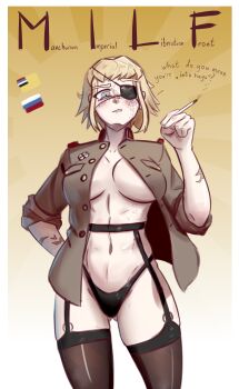 1girl abs absurdres black_garter_belt black_garter_straps blonde_hair breasts cigarette clenched_teeth collar_tabs commentary confused cross disgust english_commentary eyepatch fluffkaiser garter_belt garter_straps groin highres holding holding_cigarette jacket looking_at_viewer manchurian_imperial_army mature_female medal medium_breasts navel no_bra open_clothes open_jacket original panties russia russian_flag scar scar_on_arm scar_on_face shoulder_boards smoke smoking solo teeth thighhighs underwear white_army