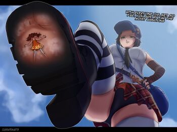 Rule 34 | 1girl, 2025, absurdres, annoyed, artist name, ass, atlus, bag, black boots, black hair, black necktie, black thighhighs, boots, breasts, brown hair, cassafemarts, collar, commentary, dress, elbow gloves, english commentary, english text, feet, fingerless gloves, foot out of frame, from below, full body, giant, giantess, gloves, green eyes, hand on own hip, hat, highres, kujikawa rise, leg up, marie (persona 4), medium breasts, messenger bag, mini person, minigirl, necktie, newsboy cap, orange dress, pants, persona, persona 4, plaid clothes, plaid skirt, short hair, shoulder bag, skirt, soles, standing, standing on one leg, steaming body, stepped on, striped clothes, striped thighhighs, thighhighs, toes, underboob, upskirt, white pants, white thighhighs, x-ray