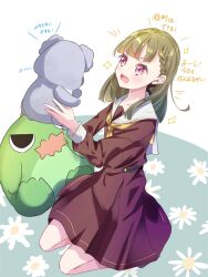 Rule 34 | 1girl, :d, braid, brown dress, brown hair, center-flap bangs, commentary request, dress, full body, hasu no sora school uniform, highres, holding, holding stuffed toy, kachimachi kosuzu, koala, link! like! love live!, long hair, long sleeves, looking at object, love live!, medium dress, neckerchief, open mouth, pink eyes, pleated dress, sailor collar, sailor dress, sakari (pear 8 ll), school uniform, seiza, side braids, sitting, smile, solo, sparkle, straight hair, stuffed dinosaur, stuffed koala, stuffed toy, teeth, translation request, upper teeth only, virtual youtuber, white background, white sailor collar, winter uniform, yellow neckerchief