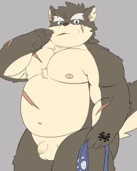 absurdres animal_ear_fluff animal_ears belly brown_fur commentary dog_boy dog_ears dog_tail english_commentary facial_scar fat fat_man flaccid floral_print food food_in_mouth foreskin furry furry_male grey_background highres looking_at_viewer male_focus moritaka_(housamo) navel nipples notched_ear pectorals penis peony_print peto3001 pocky pocky_in_mouth pointing_at_mouth scar scar_across_eyebrow scar_on_arm scar_on_cheek scar_on_chest scar_on_face scar_on_shoulder small_penis tail testicles thick_eyebrows tokyo_houkago_summoners topless_male