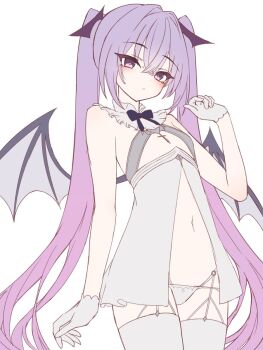 1girl bare_arms bare_shoulders blue_bow blue_bowtie bow bowtie breasts closed_mouth commentary_request cross crossed_bangs crucifix demon_girl demon_wings eve_(rurudo) eyeliner frills garter_straps gloves hair_between_eyes hair_intakes hair_wings highres hncstk legwear_garter lingerie long_eyelashes long_hair looking_at_viewer makeup navel open_clothes panties project_carneades purple_eyes purple_hair red_eyes sidelocks simple_background small_breasts solo thighhighs twintails underwear very_long_hair white_background white_garter_straps white_gloves white_panties white_thighhighs wings