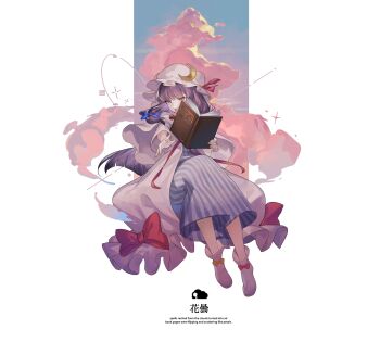 Rule 34 | 1girl, blue bow, blue ribbon, blue sky, book, boots, bow, cloud, cloudy sky, commentary, crescent, crescent hat ornament, double bun, dress, english text, flying, footwear bow, full body, hair between eyes, hair bow, hair bun, hands up, hat, hat ornament, hat ribbon, highres, holding, holding book, long hair, long sleeves, looking at viewer, mob cap, open book, open clothes, open mouth, open robe, patchouli knowledge, pink boots, pink bow, pink clouds, pink hat, pink ribbon, pink robe, purple dress, purple eyes, purple hair, reeh (yukuri130), ribbon, robe, simple background, sky, solo, sparkle, striped clothes, striped dress, touhou, touhou hisoutensoku, vertical-striped clothes, vertical-striped dress, white background, wide sleeves, yellow bow