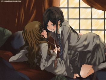 2girls all_fours ana_c._sanchez arm_support artist_name bed bed_sheet black_hair blue_neckwear blush breasts brown_eyes brown_hair cardigan cho_chang closed_mouth determined eye_contact face-to-face facing_another girl_on_top grin hand_up happy harry_potter_(series) hermione_granger holding holding_wand indoors leaning_back leaning_forward long_hair long_sleeves looking_at_another lying matching_hair/eyes medium_breasts multiple_girls necktie on_back on_bed parted_lips pillow pleated_skirt red_neckwear school_uniform serious shirt skirt smile socks teeth text_focus wand watermark web_address window witch wizarding_world yuri