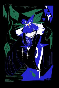 Rule 34 | 1girl, 3ma can omochi, abstract, black hair, blue dress, blue headdress, blush, commentary request, dress, elbow gloves, finger to mouth, gloves, highres, long hair, looking at viewer, smile, solo, touhou, yomotsu hisami