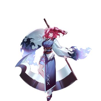 1girl adapted_costume breasts coin coin_on_string full_body hair_bobbles hair_ornament highres holding holding_scythe holed_coin japanese_clothes long_hair long_sleeves looking_at_viewer non-web_source obi obidome obijime official_art okobo onozuka_komachi platform_sandals red_eyes red_hair sandals sash scythe second-party_source short_hair smile socks solo tabi touhou touhou_gensou_eclipse transparent_background two_side_up u_u_zan white_socks wide_sleeves