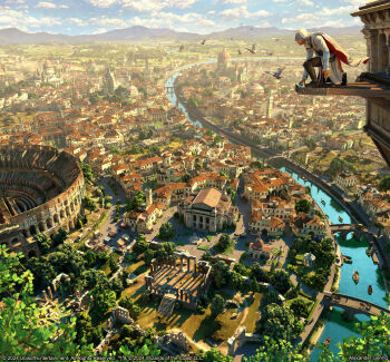 1boy alexander_gerig arena artist_name assassin's_creed:_brotherhood assassin's_creed_(series) bird boots bridge brown_boots cape city cloak cloud cloudy_sky colosseum column commentary concealed_weapon copyright_notice day english_commentary expressionless ezio_auditore_da_firenze gondola hidden_blade_(assassin's_creed) high_up highres hood hood_up hooded_cloak italy leap_of_faith long_sleeves magic:_the_gathering male_focus outdoors people pillar real_world_location river rome_(city) shirt sky solo vambraces weapon white_cape white_shirt