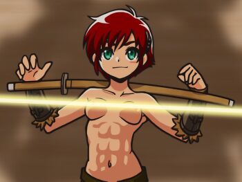 1girl abs breasts censored censored_nipples character_request closed_mouth commentary_request looking_at_viewer short_hair simple_background smile solo sword topless_female weapon wooden_sword yososhi