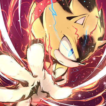 1boy blue_eyes closed_mouth furry furry_male gloves glowing glowing_eyes hedgehog_boy looking_at_viewer myuutau_tadakichi solo sonic_(series) sonic_frontiers sonic_the_hedgehog spiked_hair super_sonic super_sonic_2 white_gloves yellow_fur